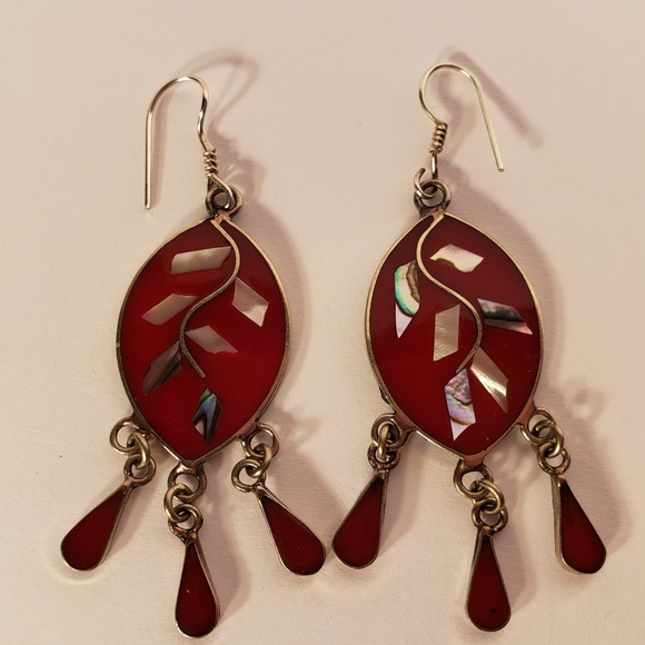 Vintage 1970s Drop Dangle Leaf Inlaid Earrings - Picture 2 of 5